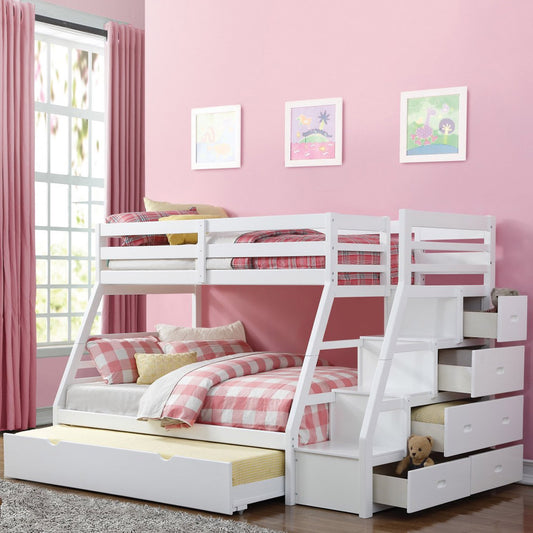 White twin over full bunk bed with staircase drawers and pull-out trundle for Los Angeles kids’ bedrooms.