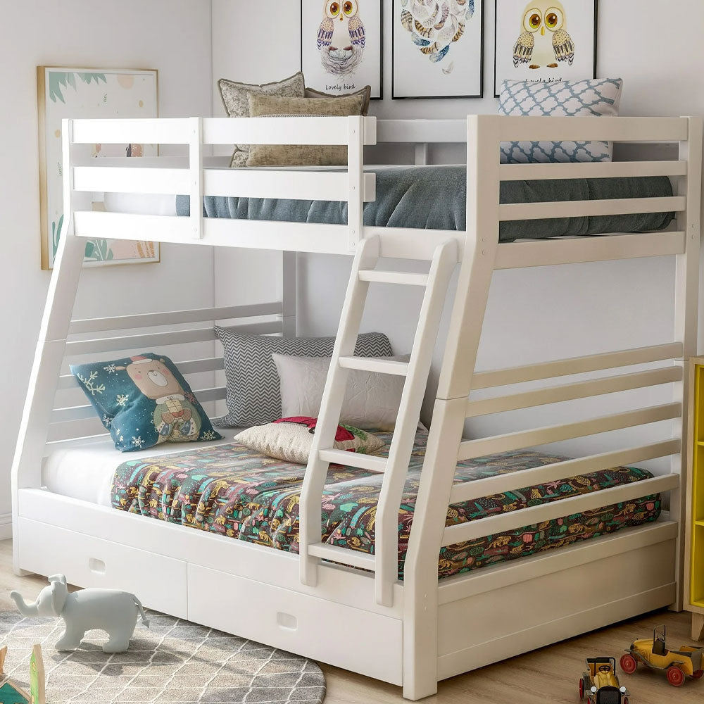 White twin over full bunk bed with storage drawers and ladder β modern kids furniture from Kids & Baby Superstore Eagle Rock Los Angeles, serving Pasadena and Glendale.