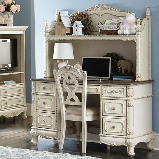 Antique white Victorian-style writing desk with floral hardware and multiple drawers, perfect for kids’ rooms in Los Angeles.