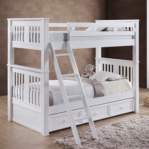 XL Twin‑Over‑Twin Bunk Bed with Trundle – White/Grey/Espresso – Solid Birch – Kids & Baby Superstore LA